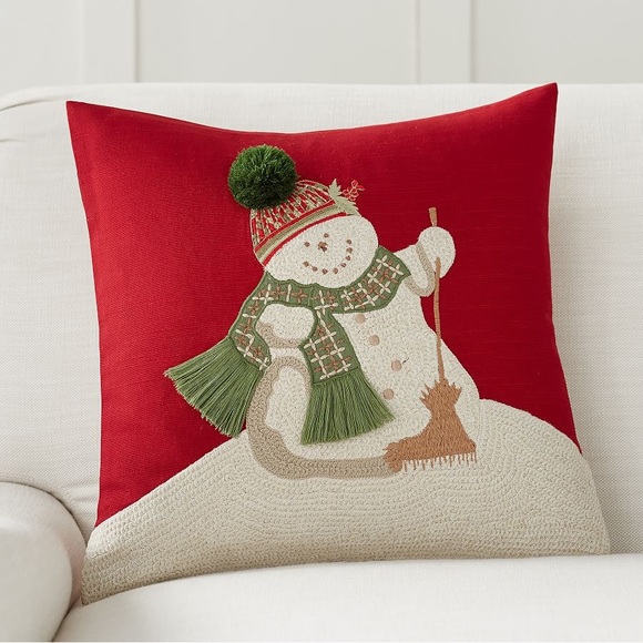 New Pottery Barn Christmas Melting Snowman Crewel Embroidered Pillow Cover, 18” - Picture 1 of 13